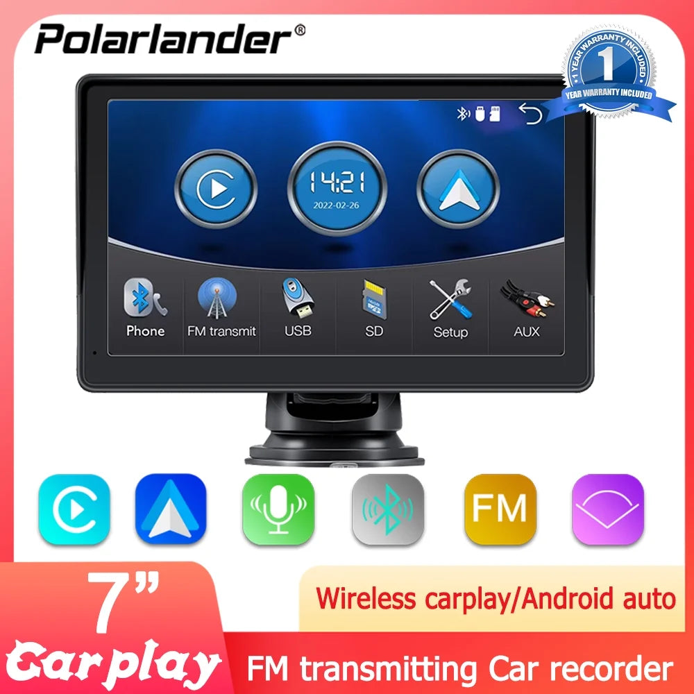 Portable Wireless Apple Carplay & Android Auto with Steering Wheel Control, 7 Inch IPS Touchscreen Car Stereo, Bluetooth Handsfree, Wifi, Airplay, Dash Windshield Mounted