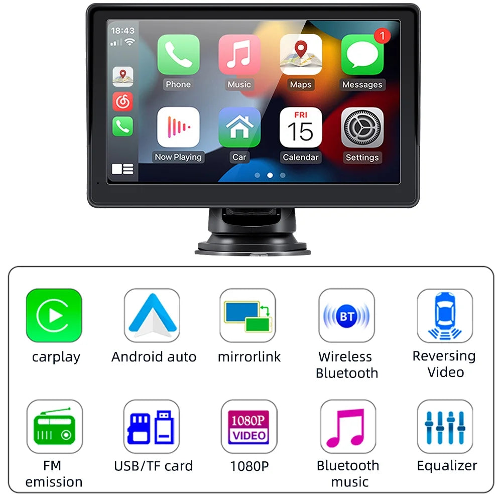 Portable Wireless Apple Carplay & Android Auto with Steering Wheel Control, 7 Inch IPS Touchscreen Car Stereo, Bluetooth Handsfree, Wifi, Airplay, Dash Windshield Mounted