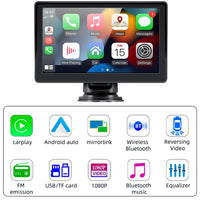 Portable Wireless Apple Carplay & Android Auto with Steering Wheel Control, 7 Inch IPS Touchscreen Car Stereo, Bluetooth Handsfree, Wifi, Airplay, Dash Windshield Mounted