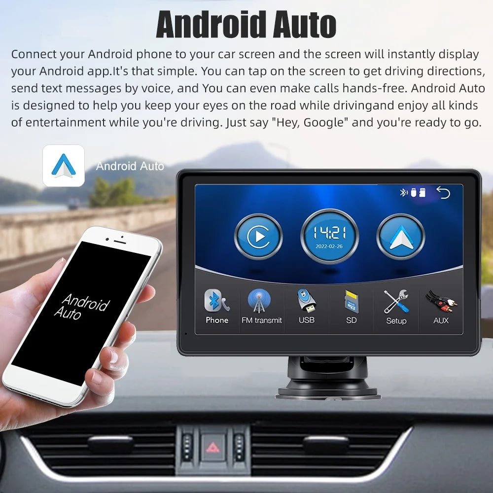 Portable Wireless Apple Carplay & Android Auto with Steering Wheel Control, 7 Inch IPS Touchscreen Car Stereo, Bluetooth Handsfree, Wifi, Airplay, Dash Windshield Mounted