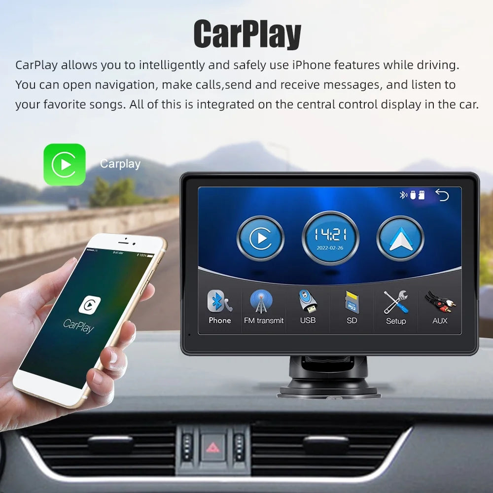 Portable Wireless Apple Carplay & Android Auto with Steering Wheel Control, 7 Inch IPS Touchscreen Car Stereo, Bluetooth Handsfree, Wifi, Airplay, Dash Windshield Mounted