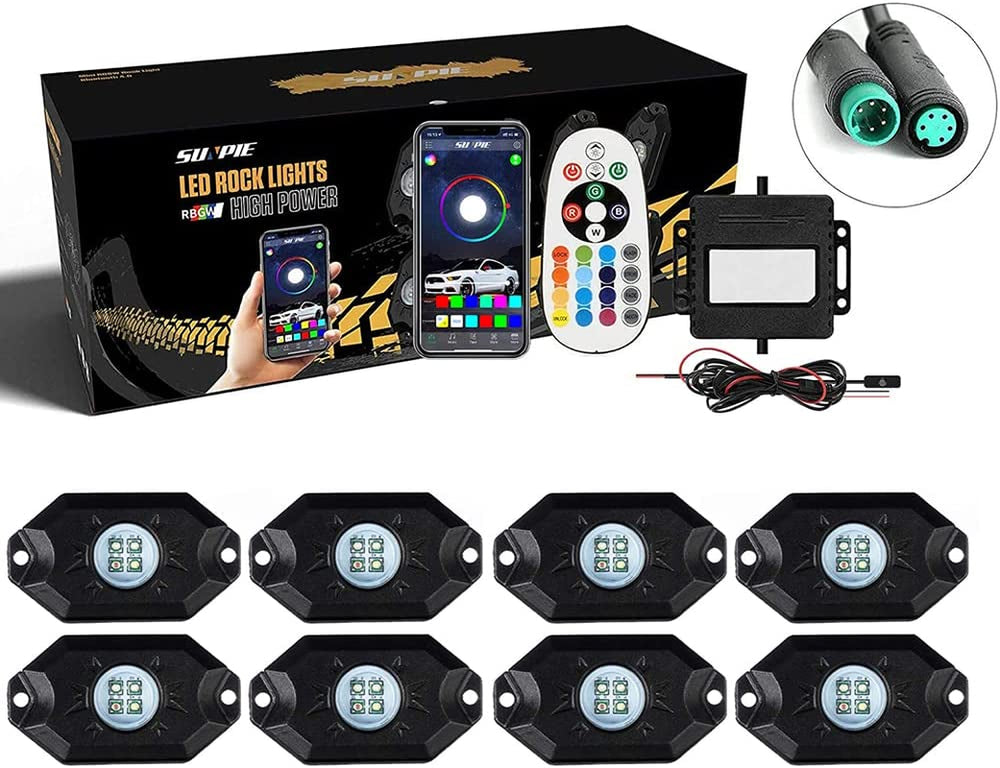 8 Pods RGBW Rock Lights Aluminium Metal App RF Voice Mode Music Mode Multicolor Underglow Light Kit Wheel Well Light for off Road Trucks Sedans SUV UTV ATV Trailer Boat