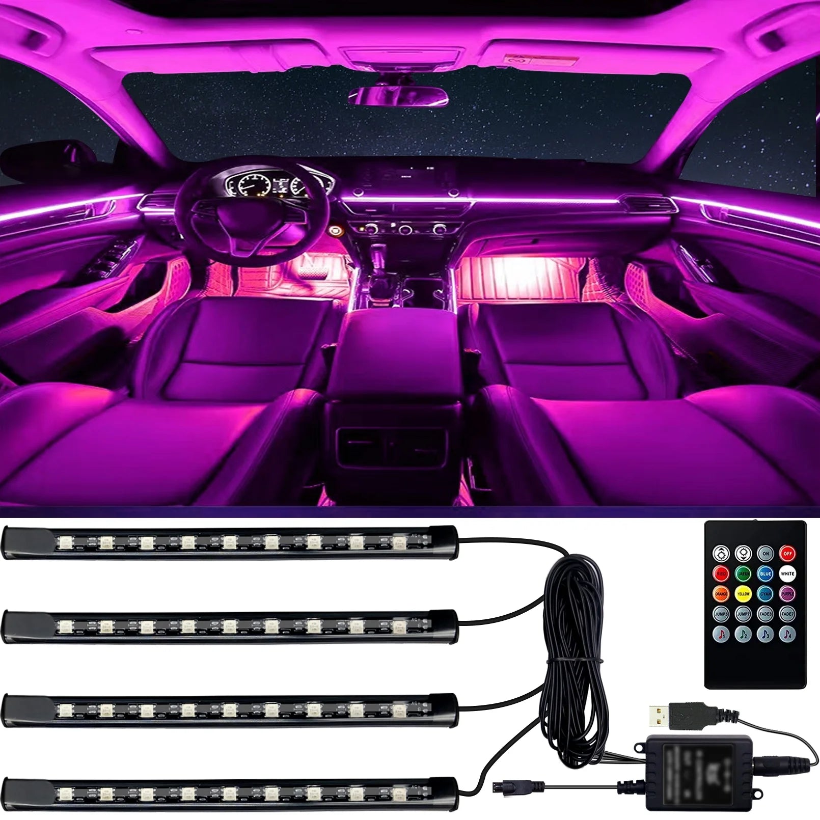 Interior Car Lights, Car Led Lights Interior 4 Pcs 36 Led Strip Light for Car with Remote, Music Sync Color Change RGB under Dash Car Lighting with Car Charger 12V 2A LED Lights for Car (RGB)