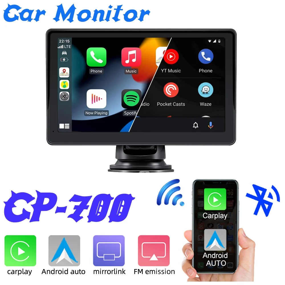 Portable Wireless Apple Carplay & Android Auto with Steering Wheel Control, 7 Inch IPS Touchscreen Car Stereo, Bluetooth Handsfree, Wifi, Airplay, Dash Windshield Mounted