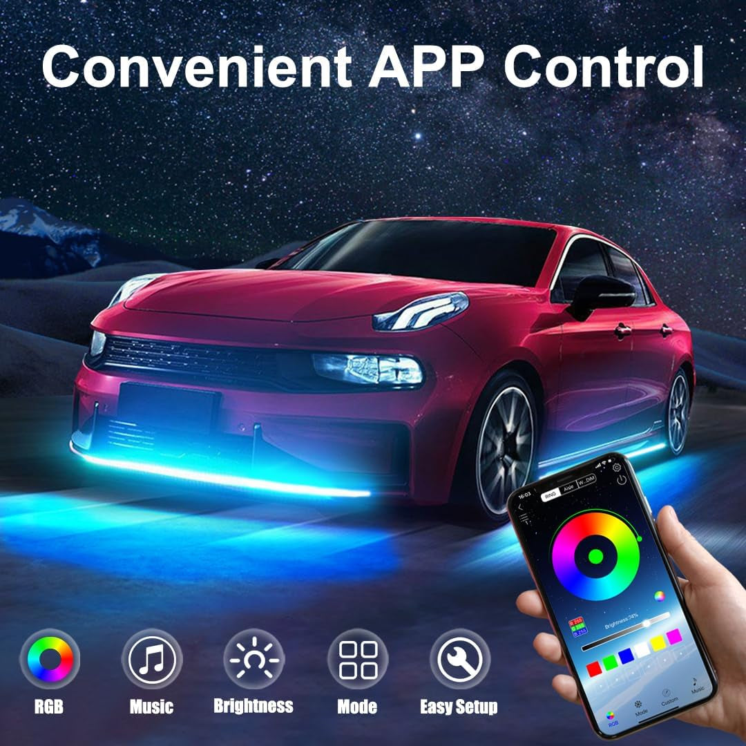 Car Underglow LED Lights,  Dream Color Chasing Strip Lights with Wireless APP Control, Exterior Car Neon Accent Lights Kit with 16 Million Colors Sync to Music, DC12V (2×47Inch+2×35Inch)