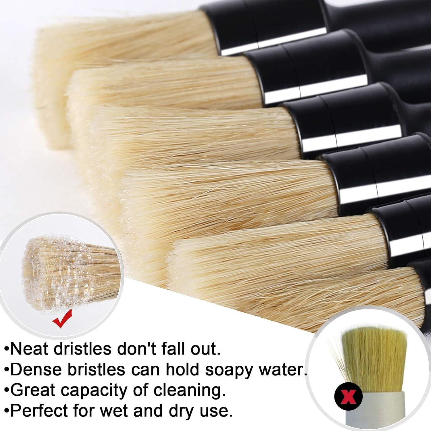 Car Detailing Brush Set Detail Brush, 6 Pack Boars Hair Auto Detailing Brushes Kit for Cleaning Car Automotive Interior Exterior, Vehicles Wheels Engine Console Dashboard, 1 Wheel Brush, 1 Wire Brush