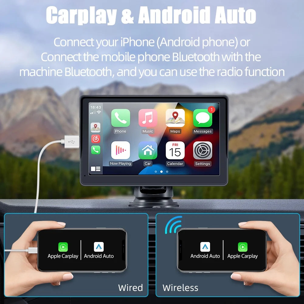 Portable Wireless Apple Carplay & Android Auto with Steering Wheel Control, 7 Inch IPS Touchscreen Car Stereo, Bluetooth Handsfree, Wifi, Airplay, Dash Windshield Mounted