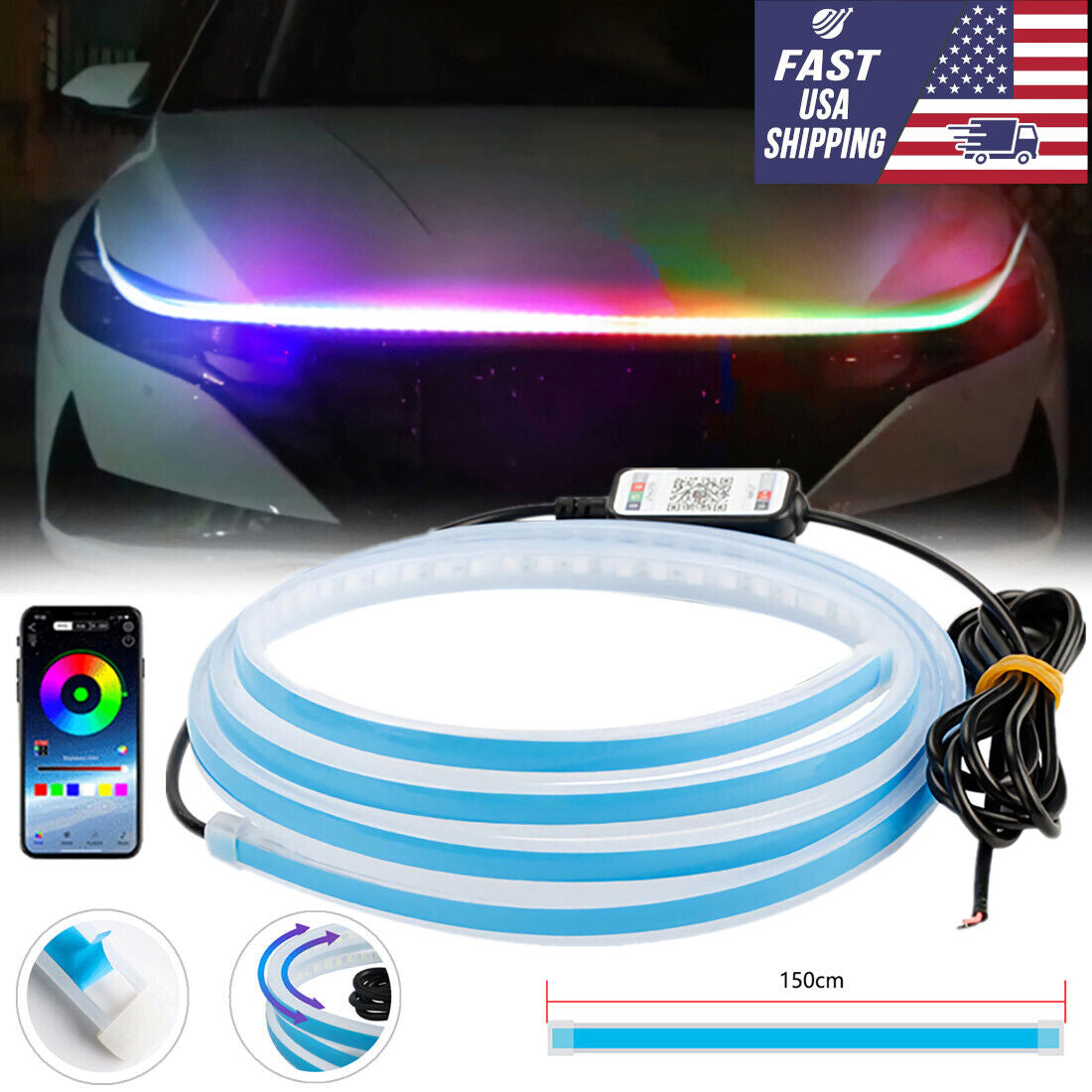 Dynamic Scan Start up Hood Beam Kit Flexible Car Hood LED Meteor Strip Lights US