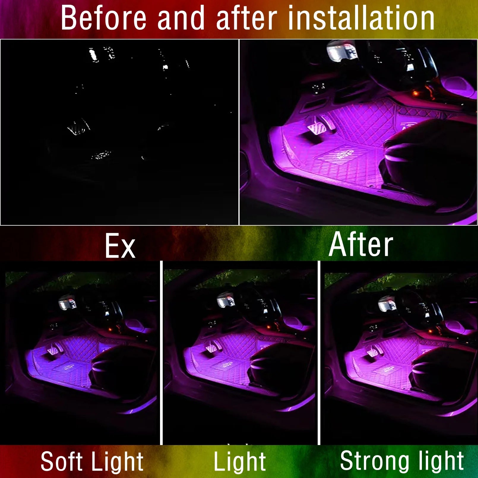 Interior Car Lights, Car Led Lights Interior 4 Pcs 36 Led Strip Light for Car with Remote, Music Sync Color Change RGB under Dash Car Lighting with Car Charger 12V 2A LED Lights for Car (RGB)